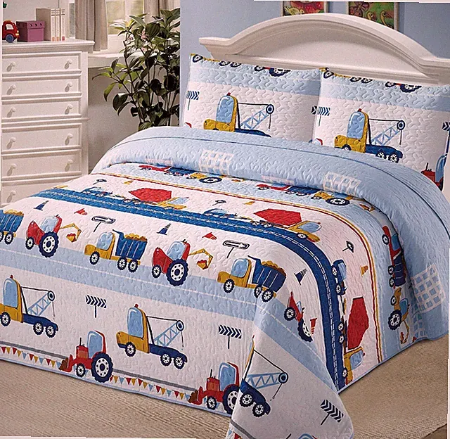 2pc Twin Bedspread Coverlet Quilt Set for Boys Construction Work Road Trucks...