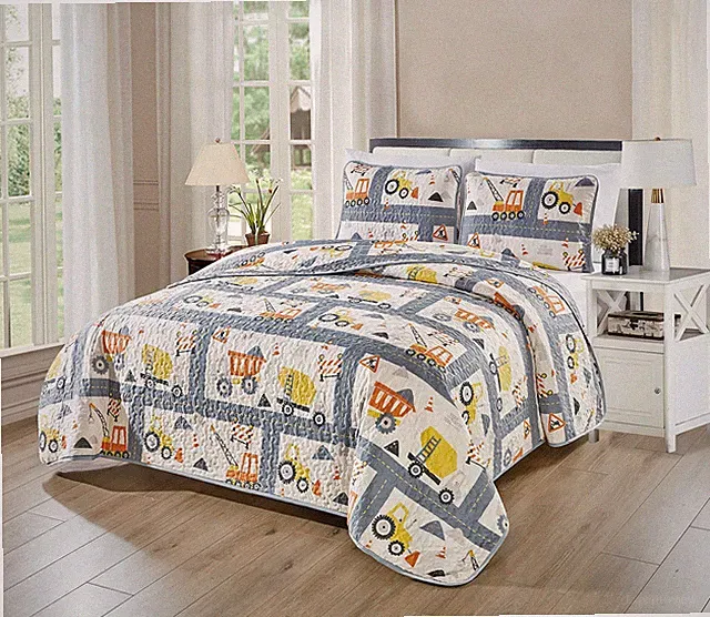 Bedspread Set Kids/teens Construction Crane Vehicles Work Trucks Cement Tractor