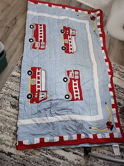 Boys Bedspread- Fire Truck Theme Dalmatian Puppy Blue Red White Yellow Bt38
