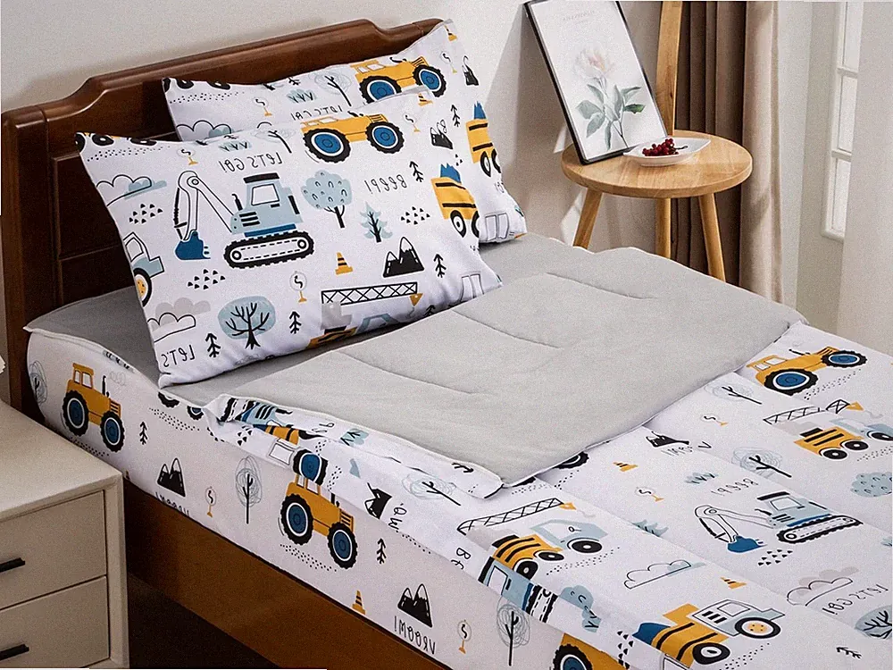 Construction Truck Printed Zipper Bedding Sets Twin Lightweight Microfiber Fo...