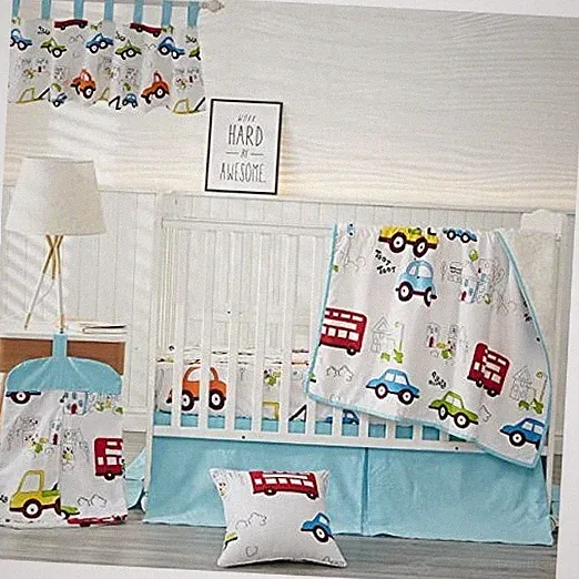 Crib Bedding Set for Boys Cars Trucks Multi-piece Set Blue - Busy Car Trucks