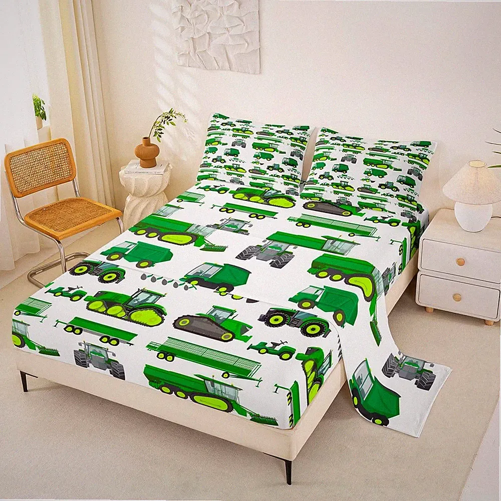 Equipment Truck Queen Size Sheets Cartoon Construction Truck Vehicle Bed Shee...