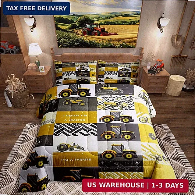 Erosebridal Yellow Cartoon Car Comforter Set Farm Truck Tractor Bedding Set Twin