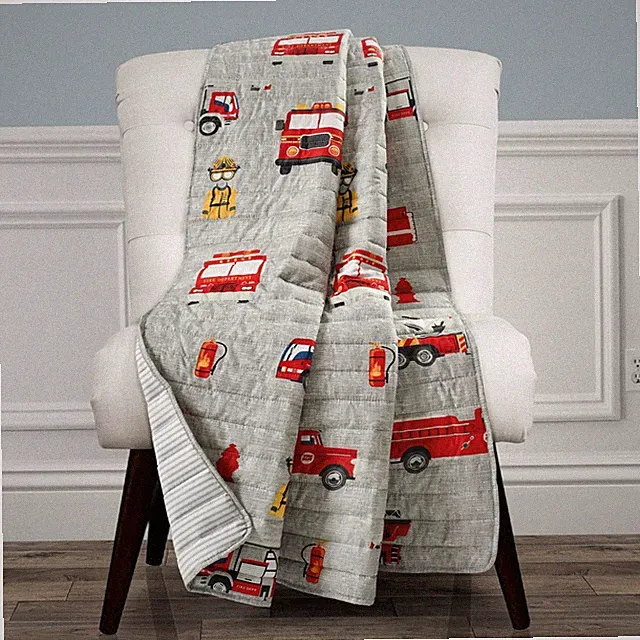 Fire Truck Throw Blanket Red Gray 50x60 Inch Reversible Stripe Print Quilted