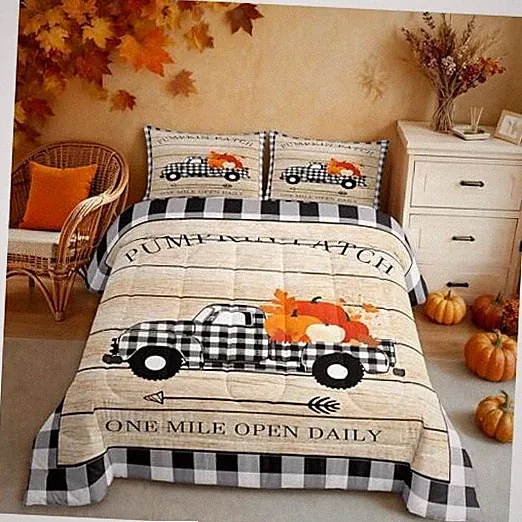 Geometric Plaid Truck Comforter Set Size,Rustic Farmhouse Bedding King Fall 01