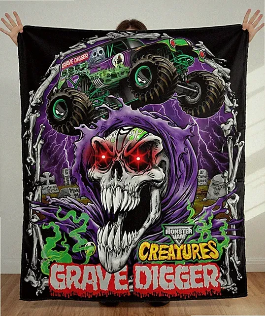 Green Off Road Monster Truck Graphic Flannel Blanket Wild Racing Truck Throw