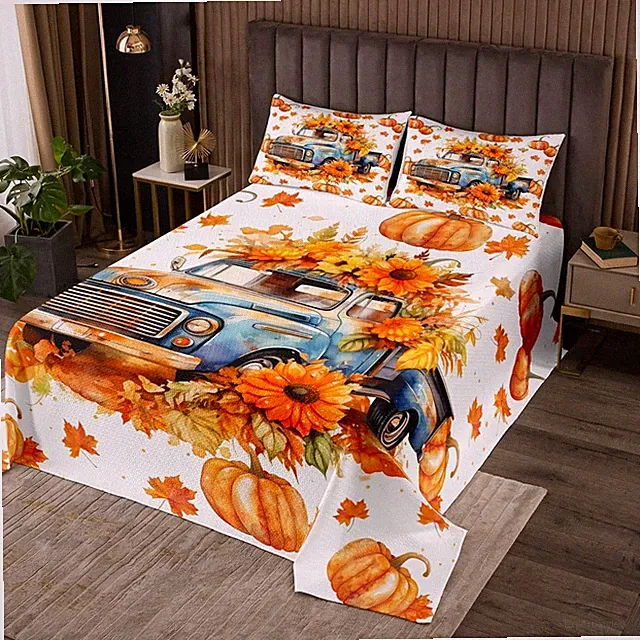 Happy Thanksgiving Bedspread Queen Size,Fall Harvest Truck Pumpkin Maple Leav...