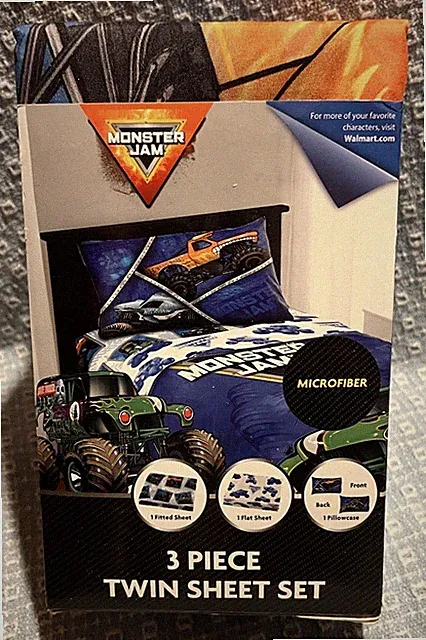 Monster Jam "Grave Digger" And Others 3pc Twin Sheet Set New Free Shipping