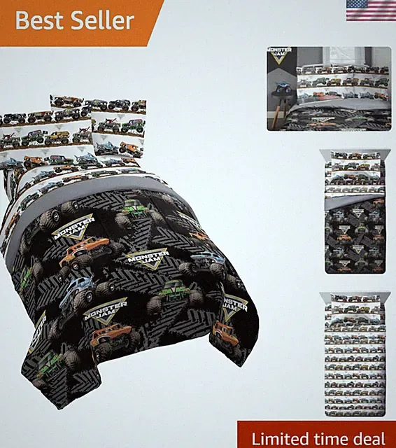 Monster Jam Tracks 4 Piece Twin Bed Set - Includes Comforter & Sheet Set - Be...