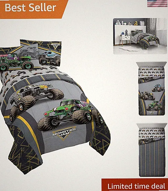 Monster Jam Twin Bed Set Microfiber Comforter Sheets Pillow Case Kids Bedroom