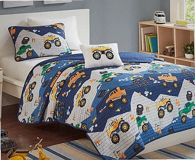 MONSTER TRUCKS RALLY QUILT SET : KIDS BOYS WHITE BLUE COVERLET JAM BEDDING