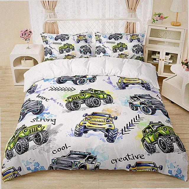 Monster Trucks White Duvet Cover Set Queen Size, Tie Dye Truck Car Printed Be...