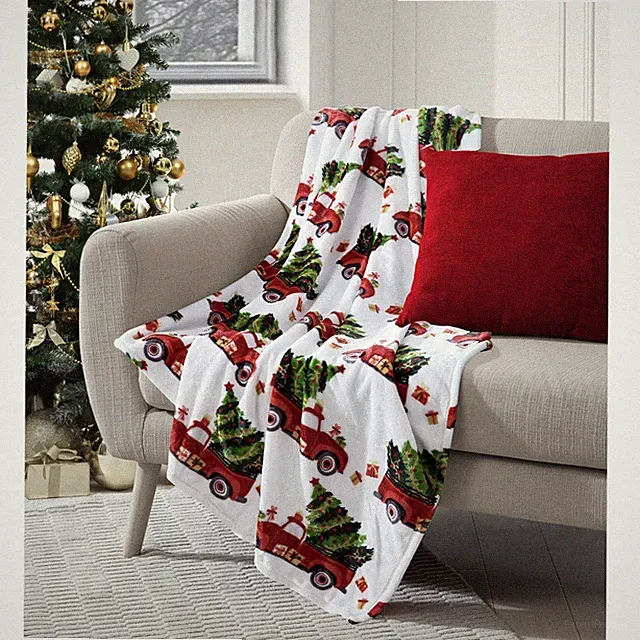 NEW HOLIDAY TIMES CHRISTMAS RED TRUCK TREES PLUSH THROW BLANKET 50 X 60