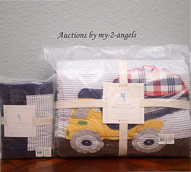 NEW Pottery Barn Kids BUSY BUILDER Twin Quilt + Sham NAVY construction truck car