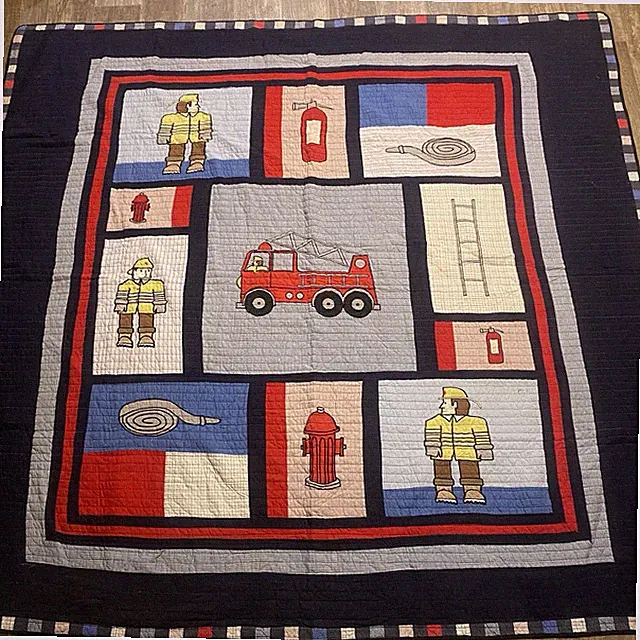 Pem America Fireman Fire Engine COTTON QUILT 85” Square Large