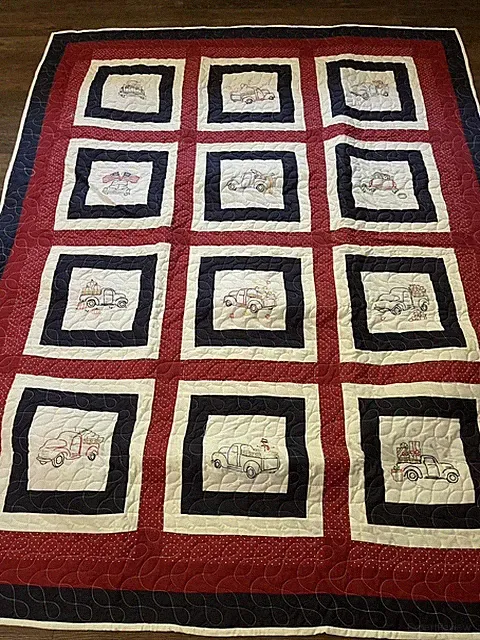 Pickup Truck Theme Patchwork Large Lap Quilt Red White Blue Polka Dot