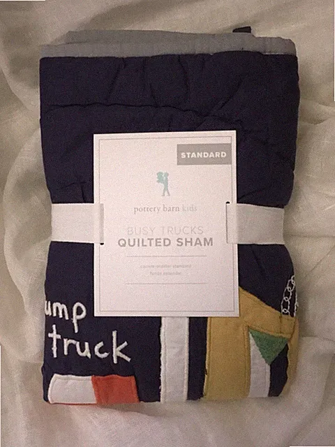 POTTERY BARN Kids Busy Trucks Quilted Sham Standard Cotton Appliqué New with Tag