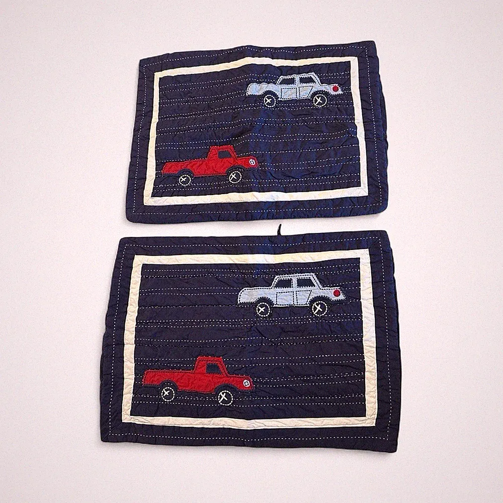 Pottery Barn Kids Navy Blue Pillow Shams Standard Navy Quilted Red Truck Car-2