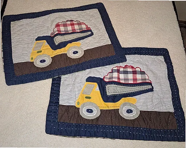 Pottery Barn Kids Set of 2 Pillow Shams Plaid Dump Trucks Construction 26x19 in