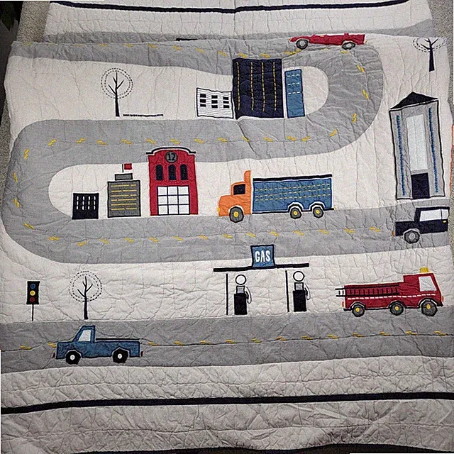Pottery Barn Kids Truck Quilt F/Q White Gray Reversible Blanket Firetruck Cars
