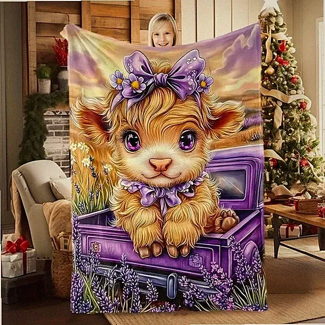 Purple Highland Cow Flannel Blanket Truck Print Soft Cozy Throw