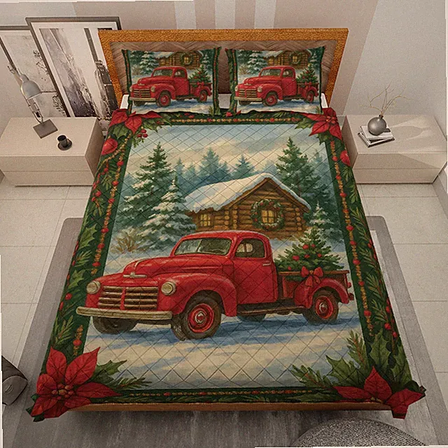 Red Pickup Truck Log Cabin Christmas Winter Home Xmas Holiday Quilt Bed Set