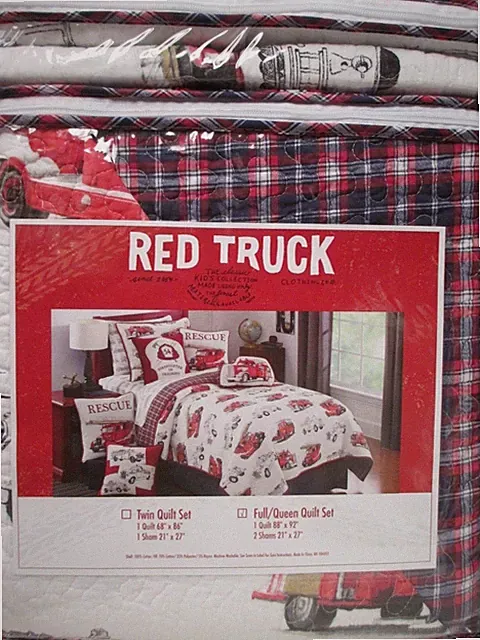 RED TRUCK Kids 3pc White Red Blue Firetruck Plaid Quilt Sham Set - Full/Queen
