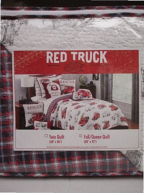 RED TRUCK Kids REVERSIBLE White Red Blue Firetruck Plaid Quilt - Full/Queen