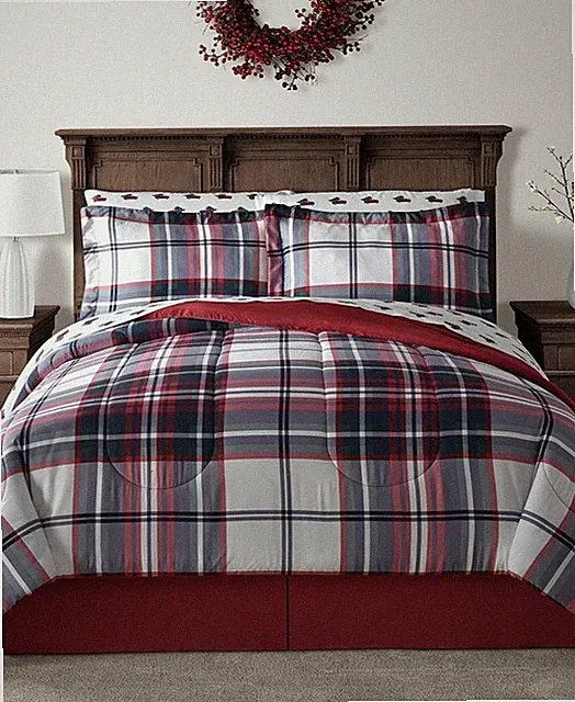 Sunham 8-Pc Queen Comforter Set Tartan Plaid Reversible w/ Red Truck Sheet Set