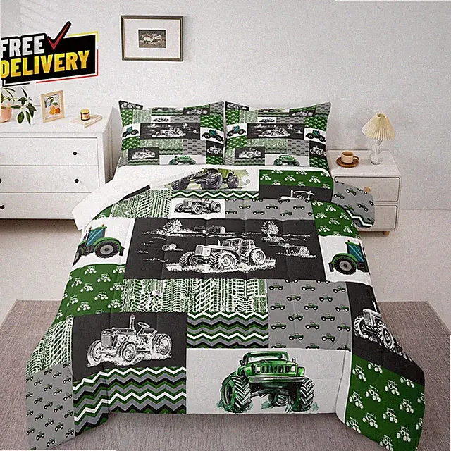Tractor Bedding Set Twin Size Equipment Trucks Comforter Farmhouse Harvester....