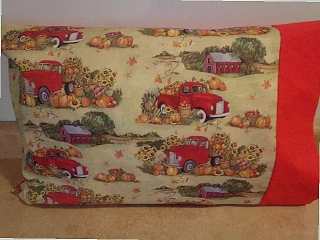 TRAVEL SIZE PILLOWCASE 2 SIDED COUNTRY OLD TRUCK PLUS/ RED CUFF 14X20 #4949