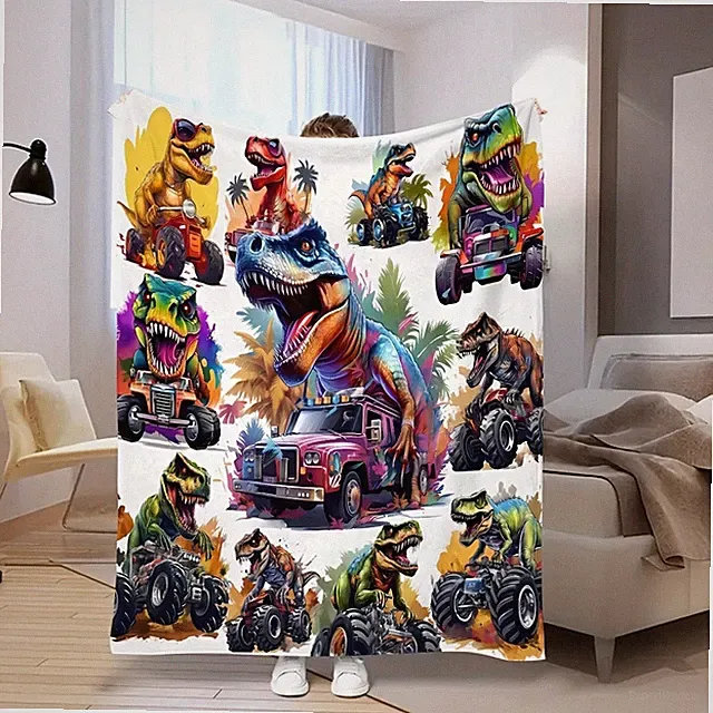 Ultra-Soft Dinosaur Truck Print Flannel Throw Blanket