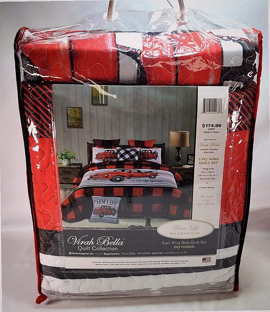 Virah Bella 3pc King Cabin Quilt Bedding Set Farm Life Red Truck Home Shams