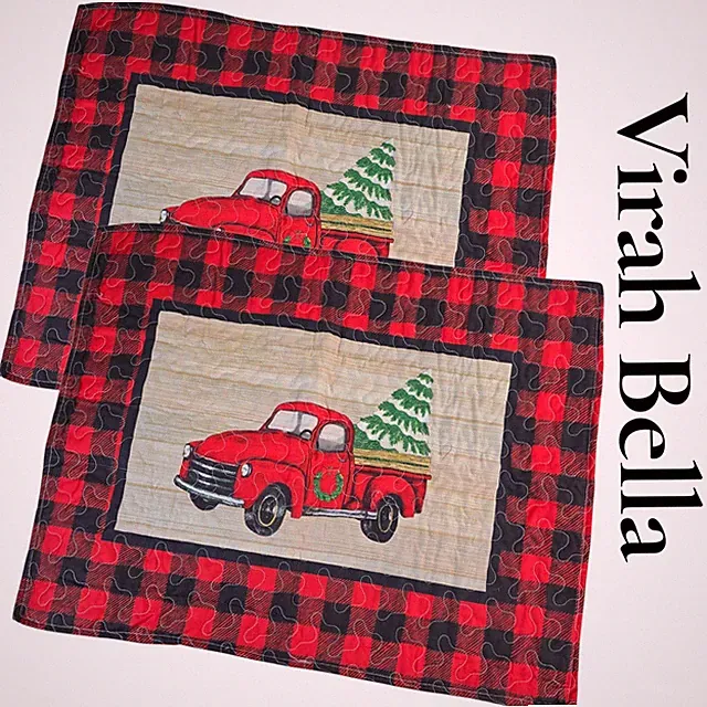 Virah Bella Quilted Pillow Shams Standard 2pc Red Black Buffalo Plaid Truck Xmas